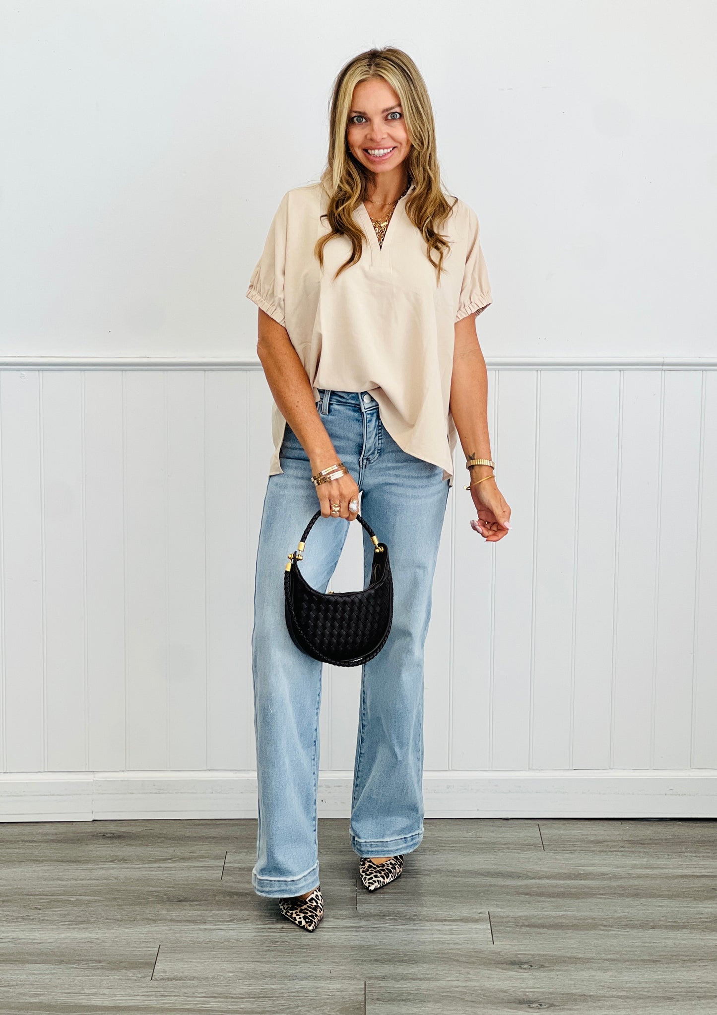 Ecru Short Sleeve Split Collar Top (Reg & Plus)