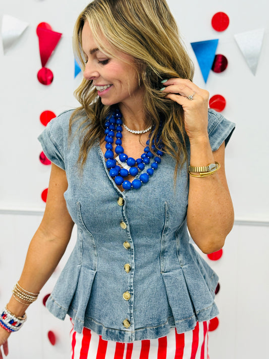 Washed Denim Peplum Vest Top (Reg.)