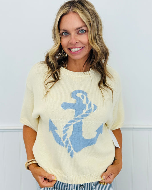 Butter/Light Blue Anchor Graphic Sweater Top (Reg.)