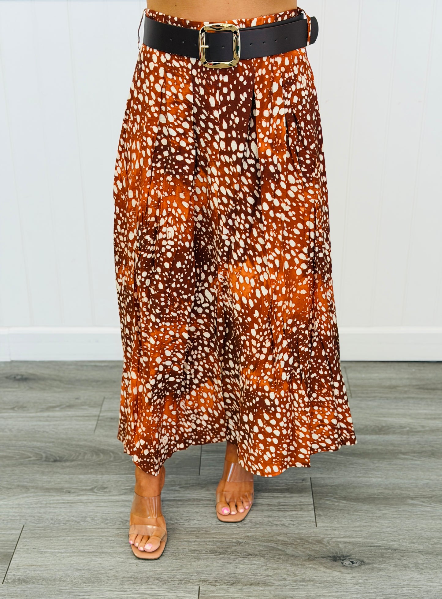Rust Deer Print Front Slit Midi Skirt (Reg.)
