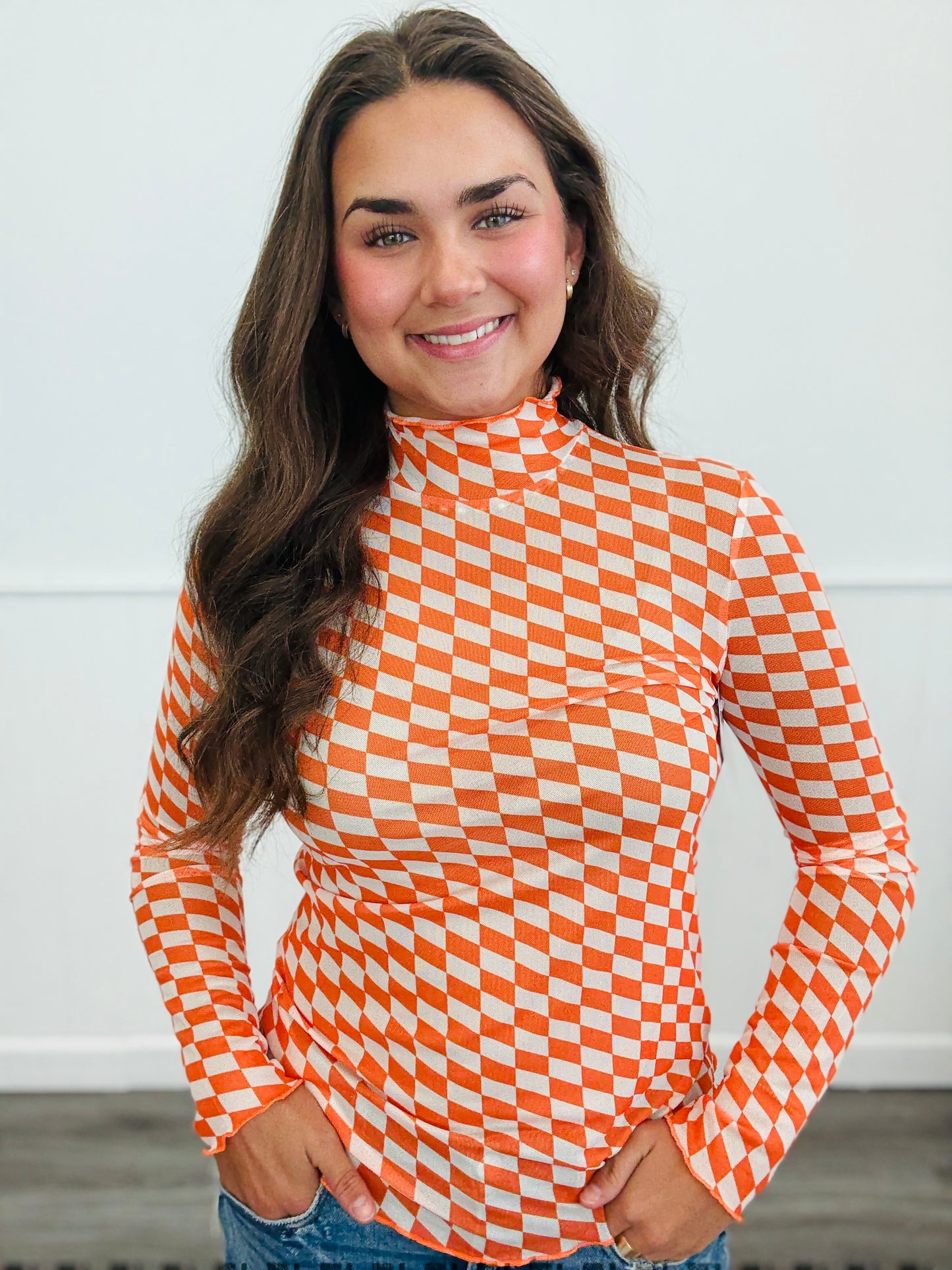Checkered Mesh Long Sleeve Top (Reg & Plus)-3 Colors