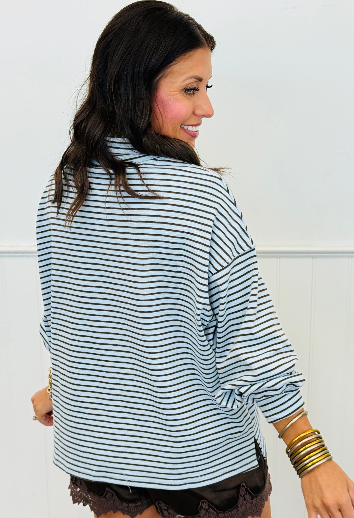Lt Blue/Brown Striped Mock Neck Top (Reg.)