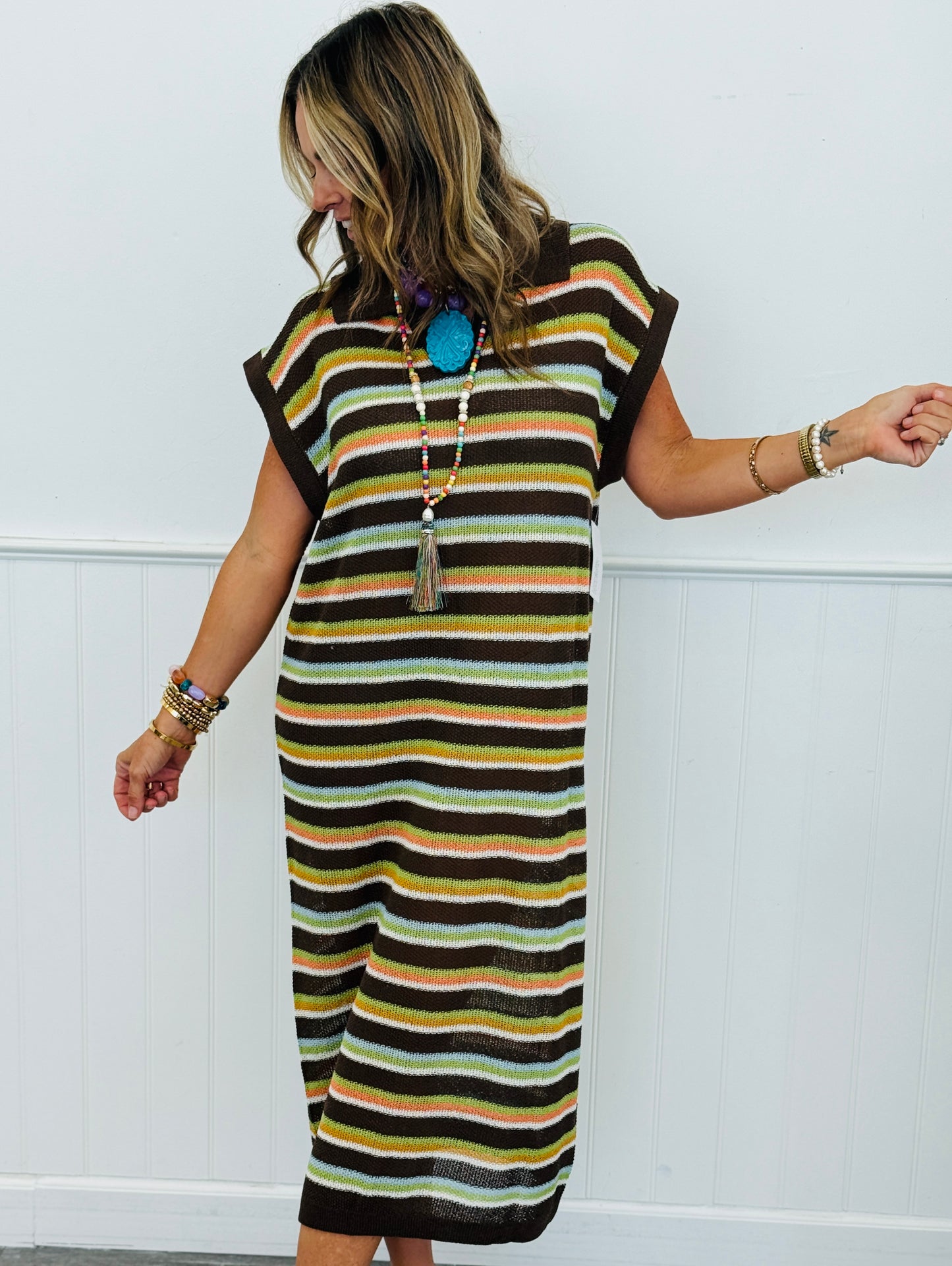 Brown Multi Stripe Knit Polo Midi Dress (Reg & Plus)