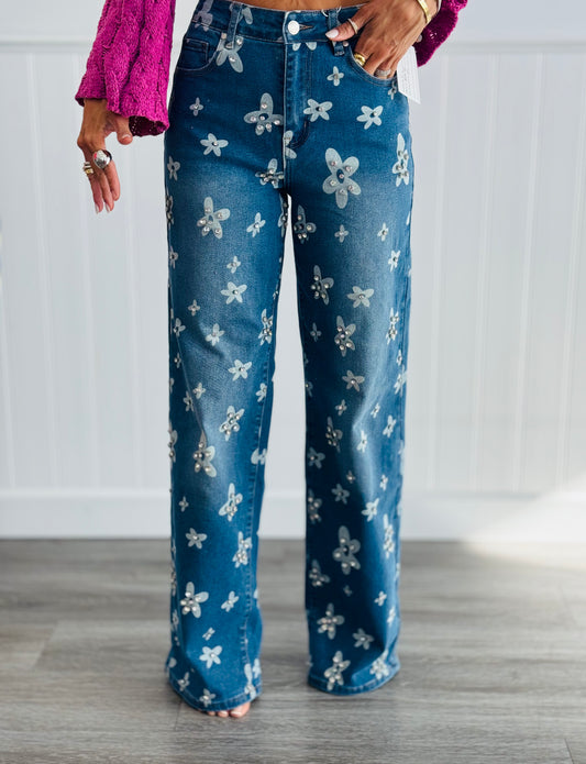 Denim Blue Crystal Flower Power Pants (Reg.)