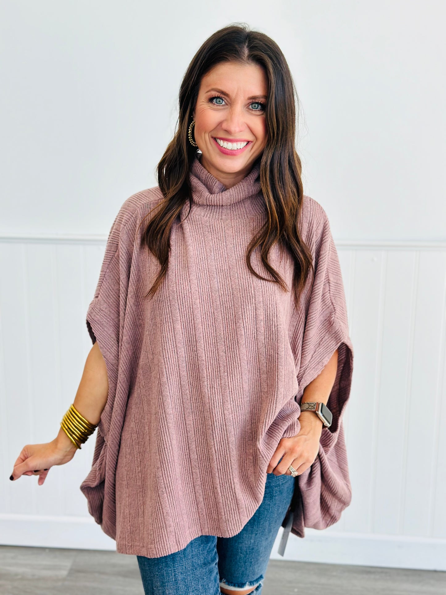 Mauve Mock Neck Batwing Cape Top (Reg & Plus)