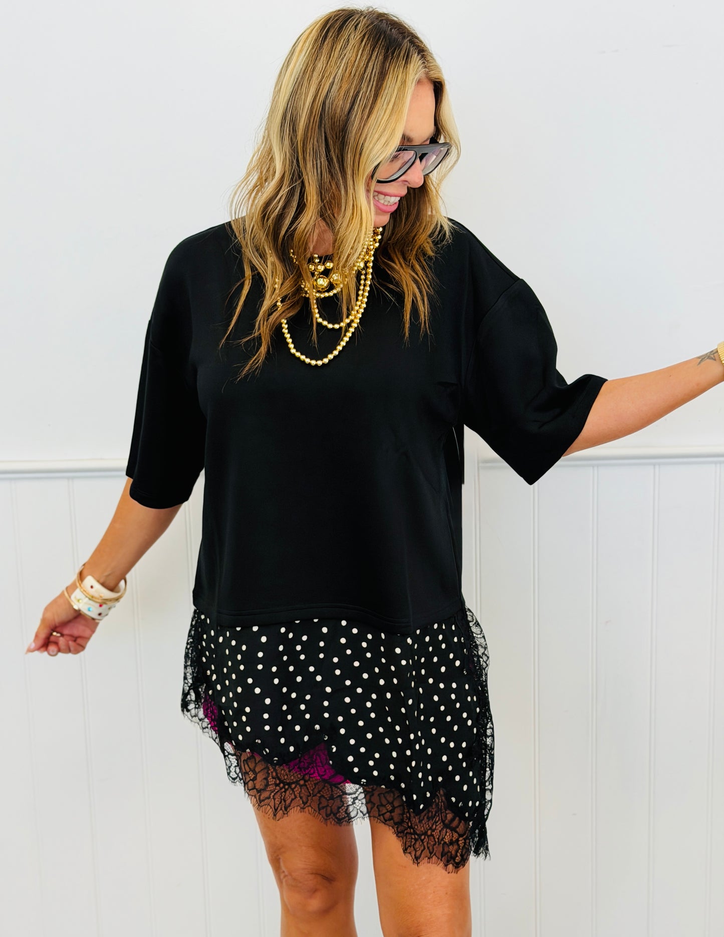 Black Polka Dot Lace Asymmetrical Blouse (Reg.)