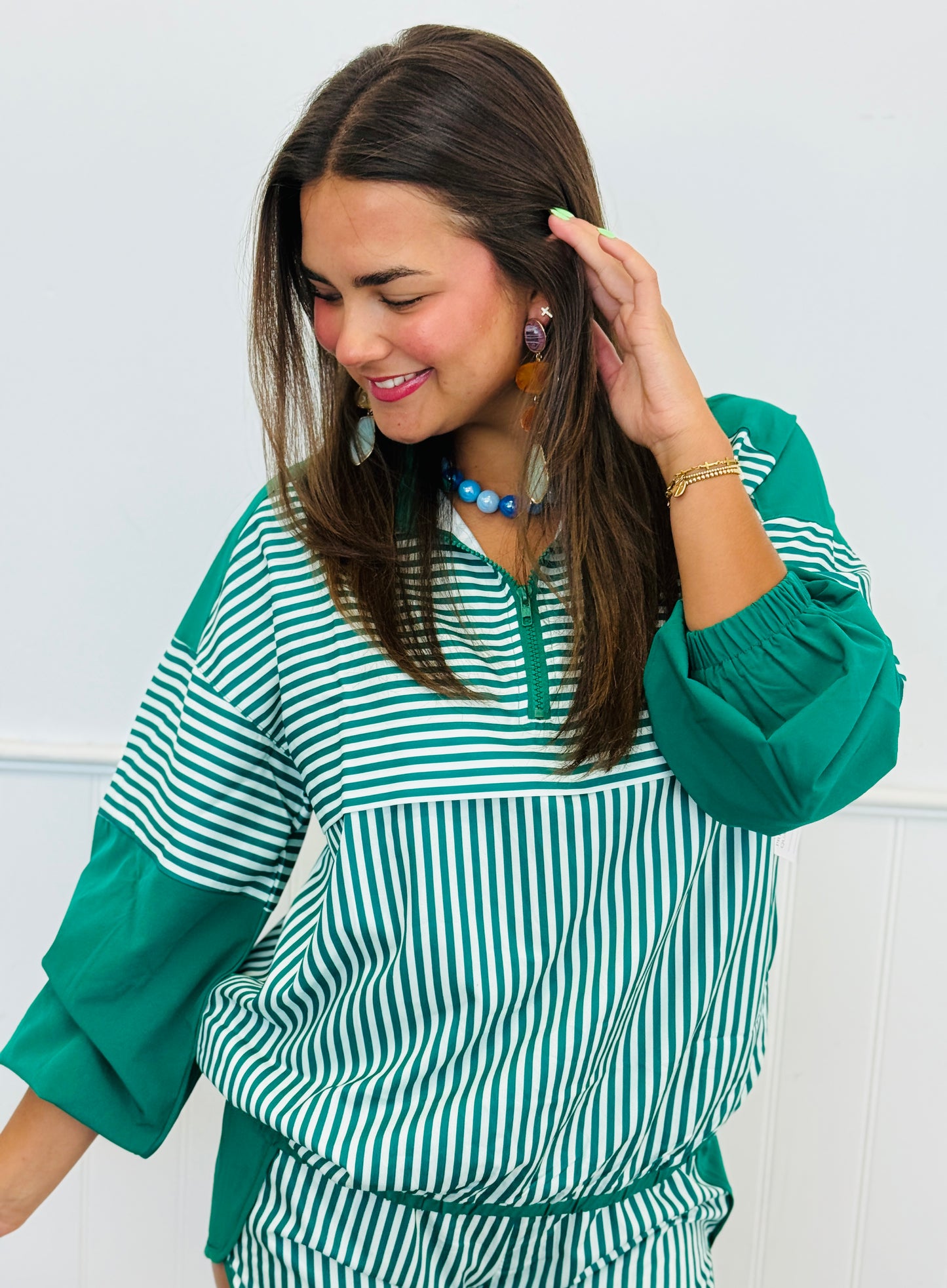 Green Stripe Half Zip Top & Shorts Set (Reg.)