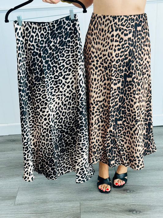 Satin Leopard Bias Cut Midi Skirt (Reg)-2 Colors