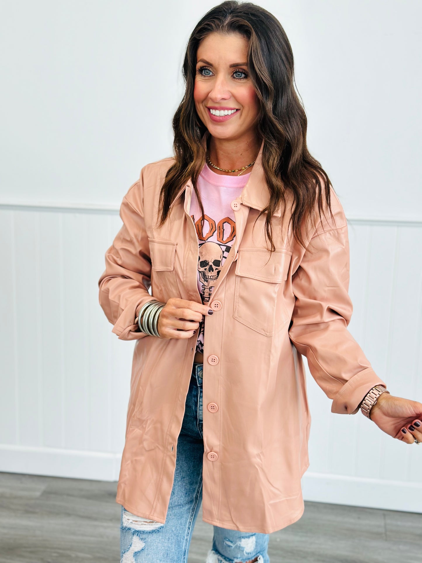 Blush Faux Leather Button Up Top (Reg.)