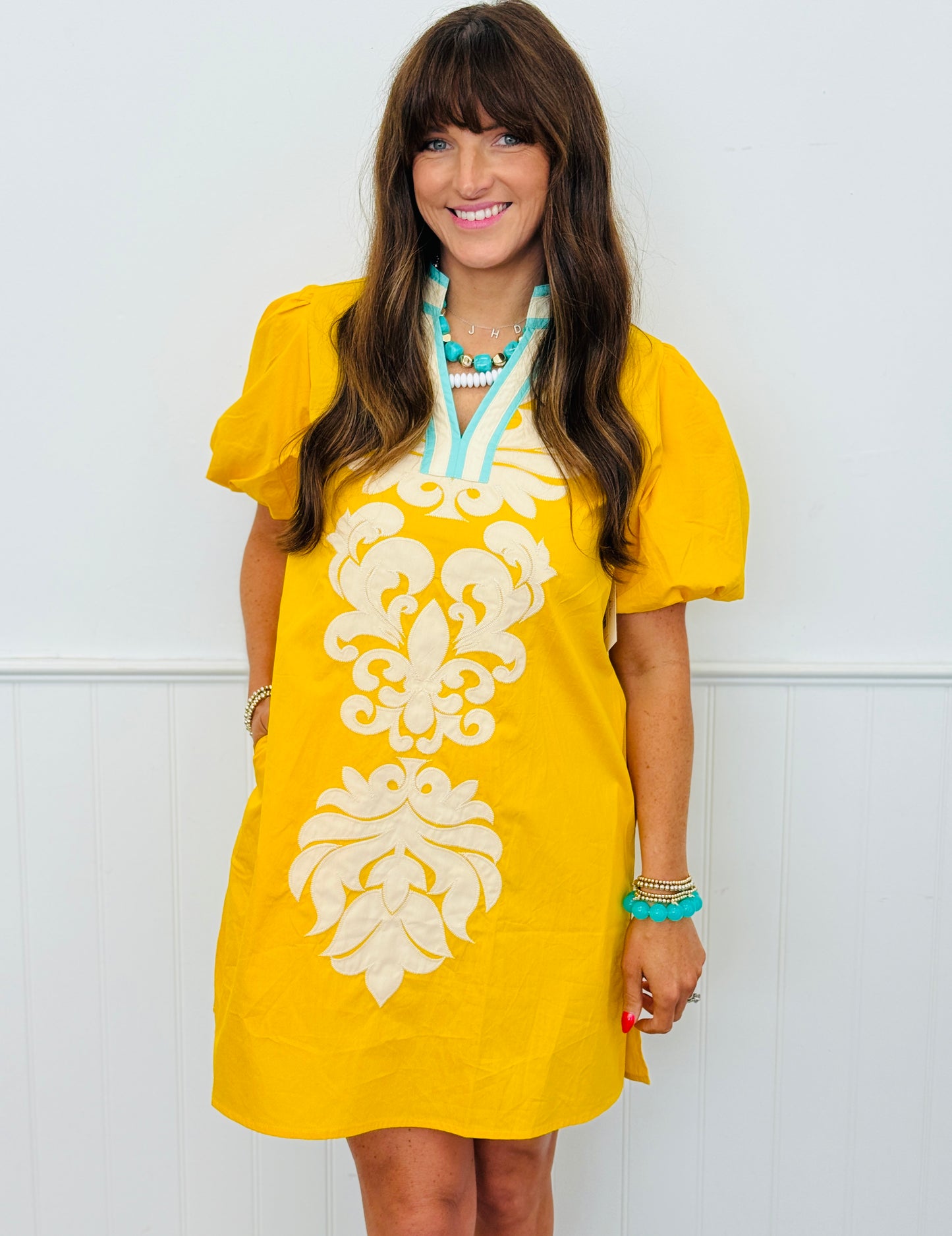 Yellow Contrast V-Neck Balloon Sleeve Mini Dress (Reg.)