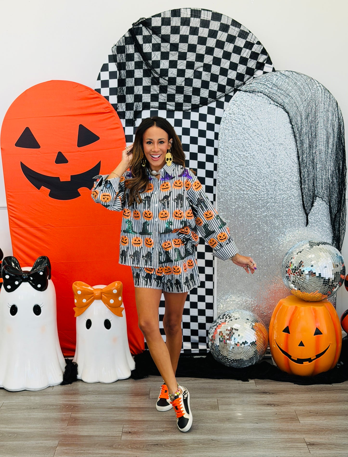 Queen Of Sparkles Black & White Striped Halloween Icon Button Up Top (Reg. and Plus)