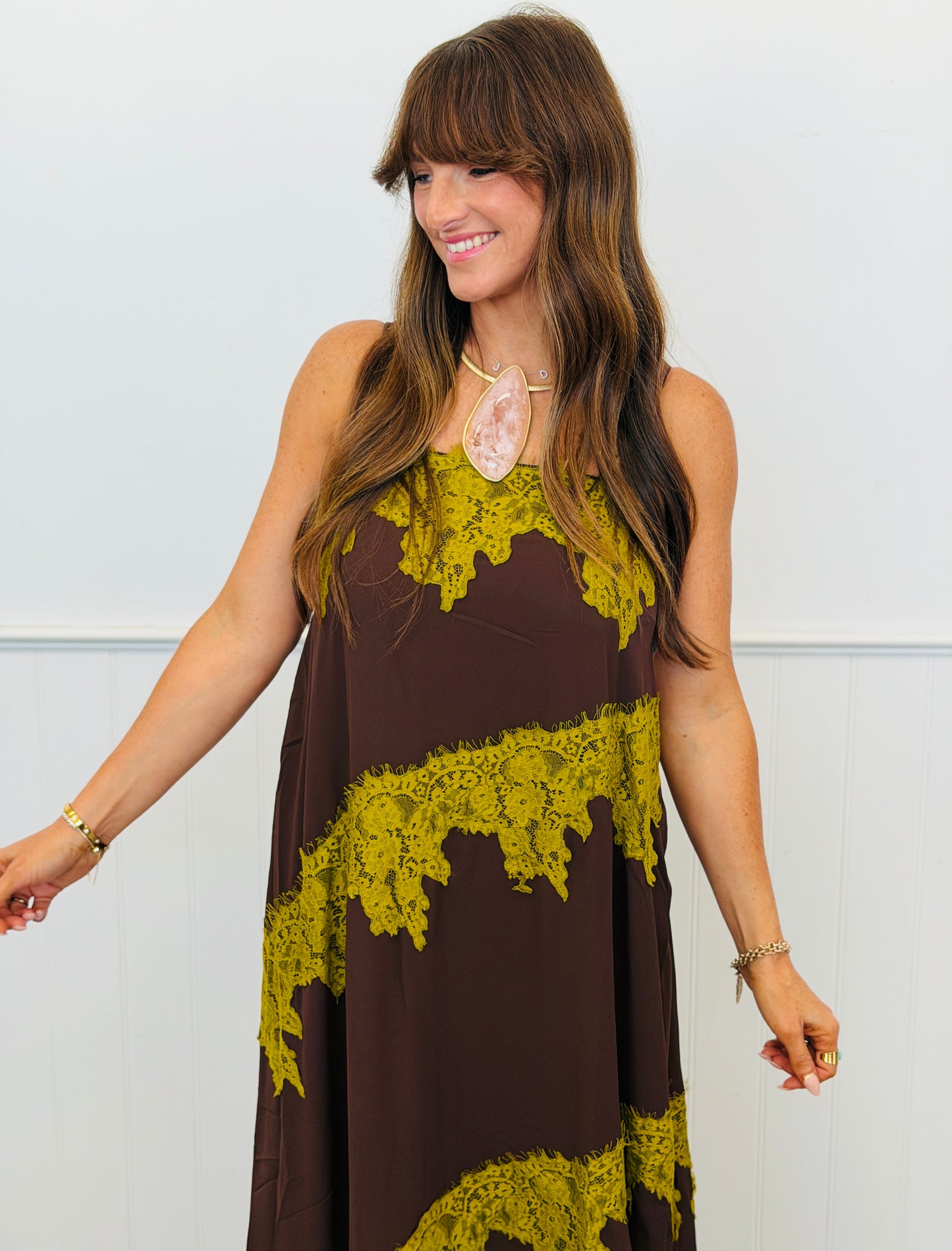 Chocolate Contrast Lace Strappy Maxi Dress (Reg.)
