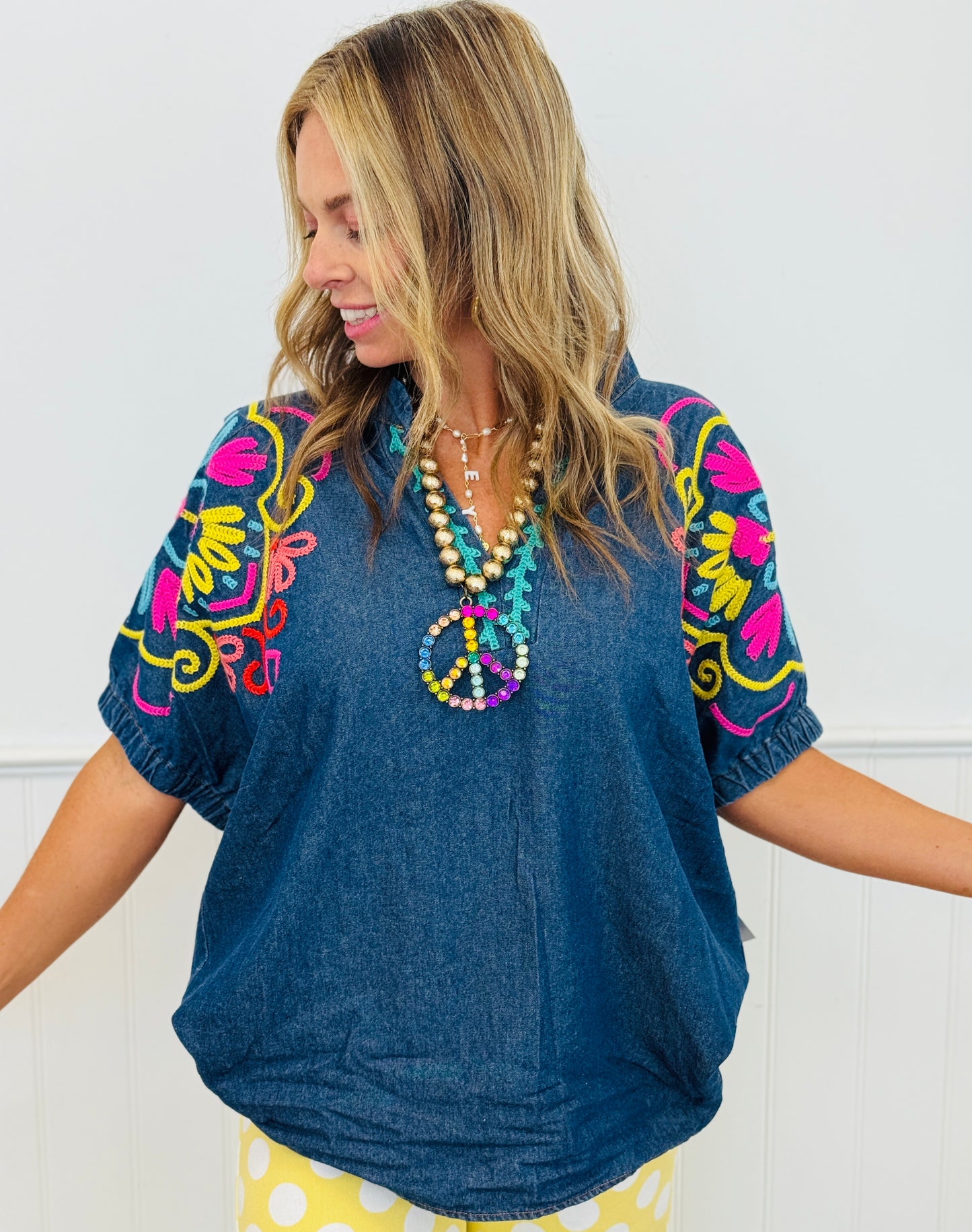 Denim Puff Sleeve Embroidered Top (Reg & Plus) - 2 Colors