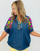 Denim Puff Sleeve Embroidered Top (Reg & Plus) - 2 Colors