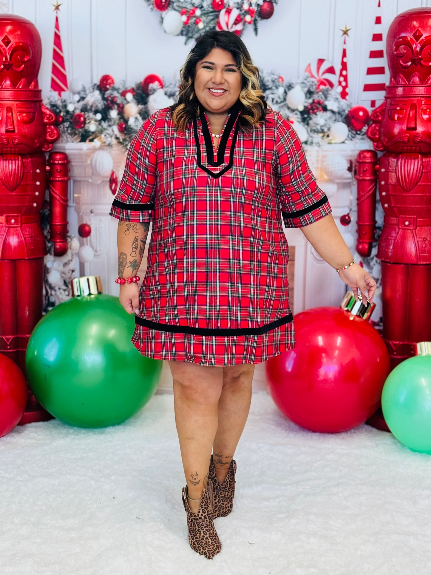 Red Plaid Velvet Trim Mini Dress (Reg & Plus)