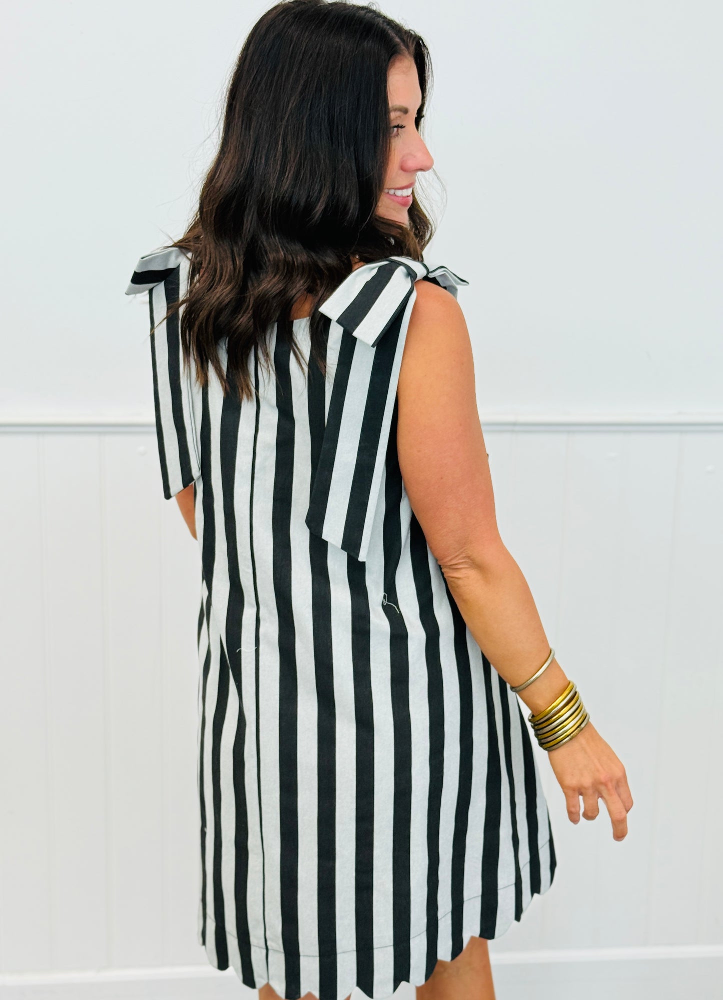 Black Striped Bow Shoulder Mini Dress (Reg.)