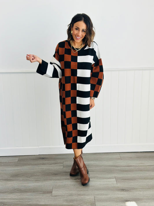 Black/Mocha Checkered and Striped Sweater Midi Dress (Reg. and Plus)