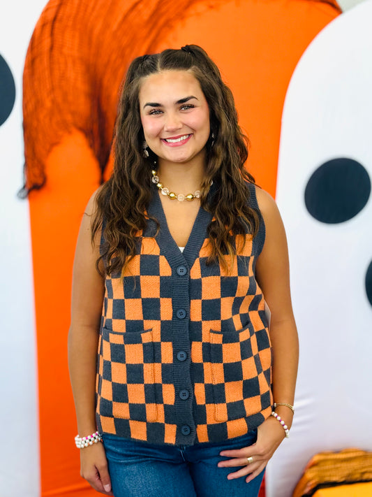 Tangerine/Charcoal Checkered V-Neck Sweater Vest (Reg & Plus)