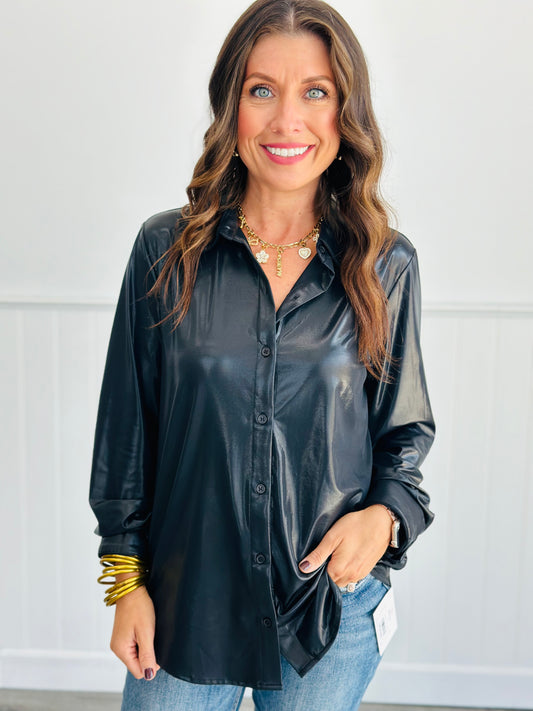 Black Shiny Button Down Long Sleeve Top (Reg. and Plus)