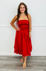 Red Ruched Side Tie Strapless Midi Dress (Reg)