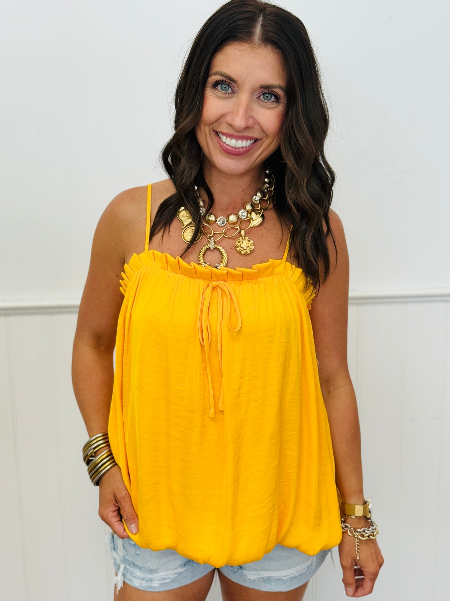 Bubble Hem Strappy Bow Top (Reg.)-3 Colors