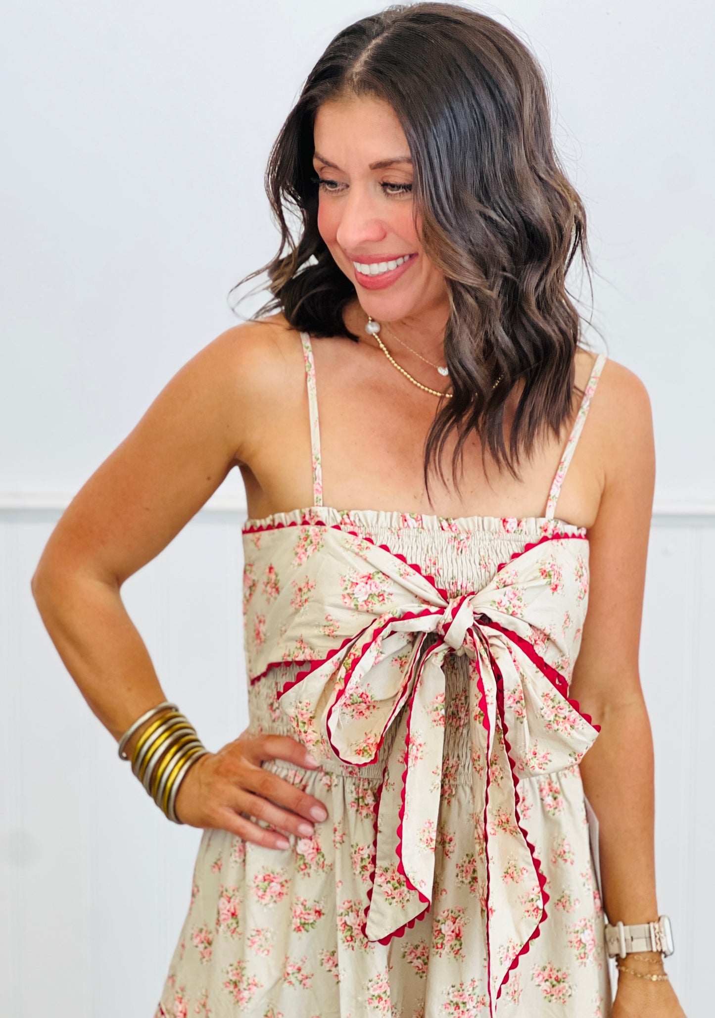 Taupe/Red  Ric Rac Front Tie Maxi Dress (Reg.)