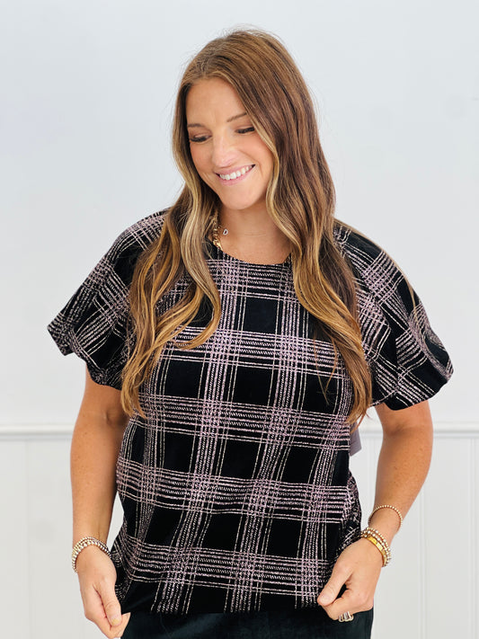 Black/Pink Shimmer Plaid Puff Sleeves Blouse (Reg. and Plus)