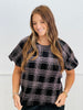 Black/Pink Shimmer Plaid Puff Sleeves Blouse (Reg. and Plus)