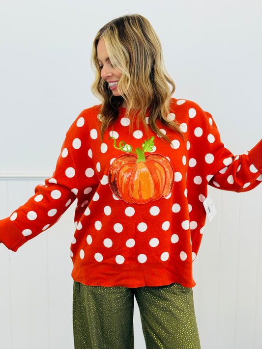 Queen Of Sparkles Orange Polka Dot Pumpkin Sweater (Reg. and Plus)