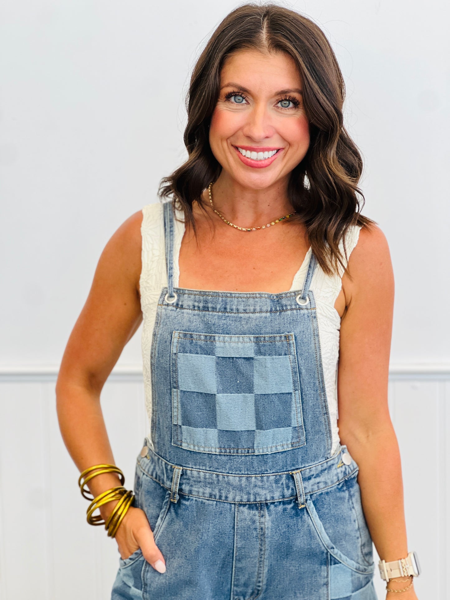 Light Denim Checkerboard Overalls (Reg & Plus)