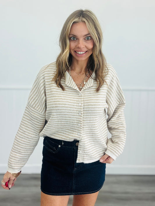 Khaki Stripe Button Down Sweater Top (Reg.)