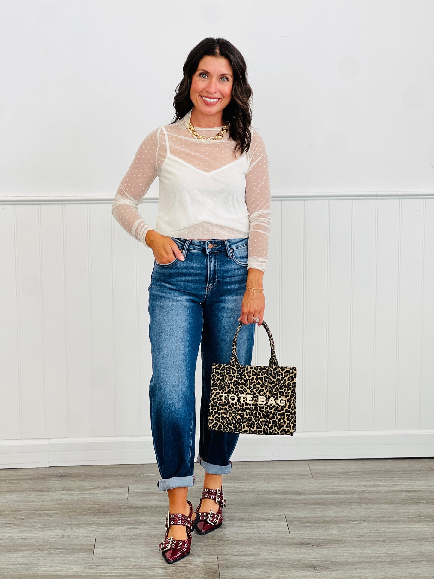 Cream Polka Dot Mesh Blouse (Reg & Plus)