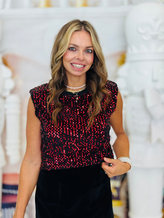 Red Shimmering Sleeveless Sequin Top (Reg & Plus)