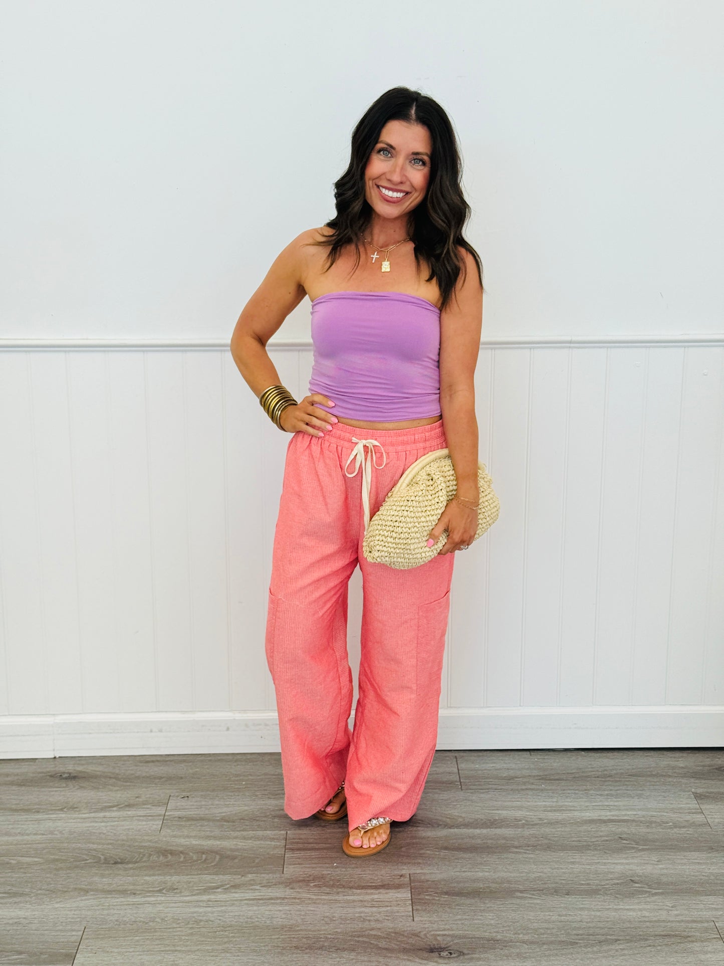 Coral Pink Pinstripe Wide Leg Crop Pants (Reg & Plus)