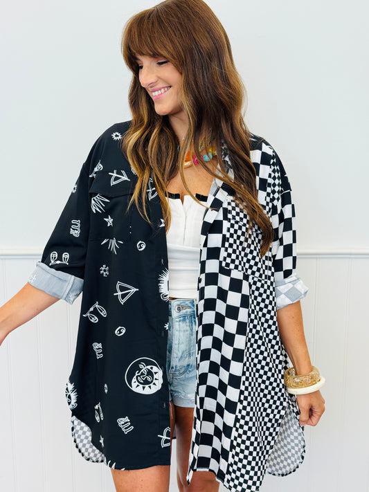 Mixed Print Oversized Button Down Shirt (Reg. and Plus)