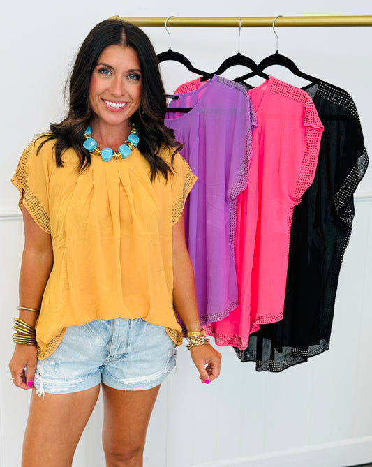 Semi Sheer Rhinestone Top (Reg. and Plus)-4 Colors