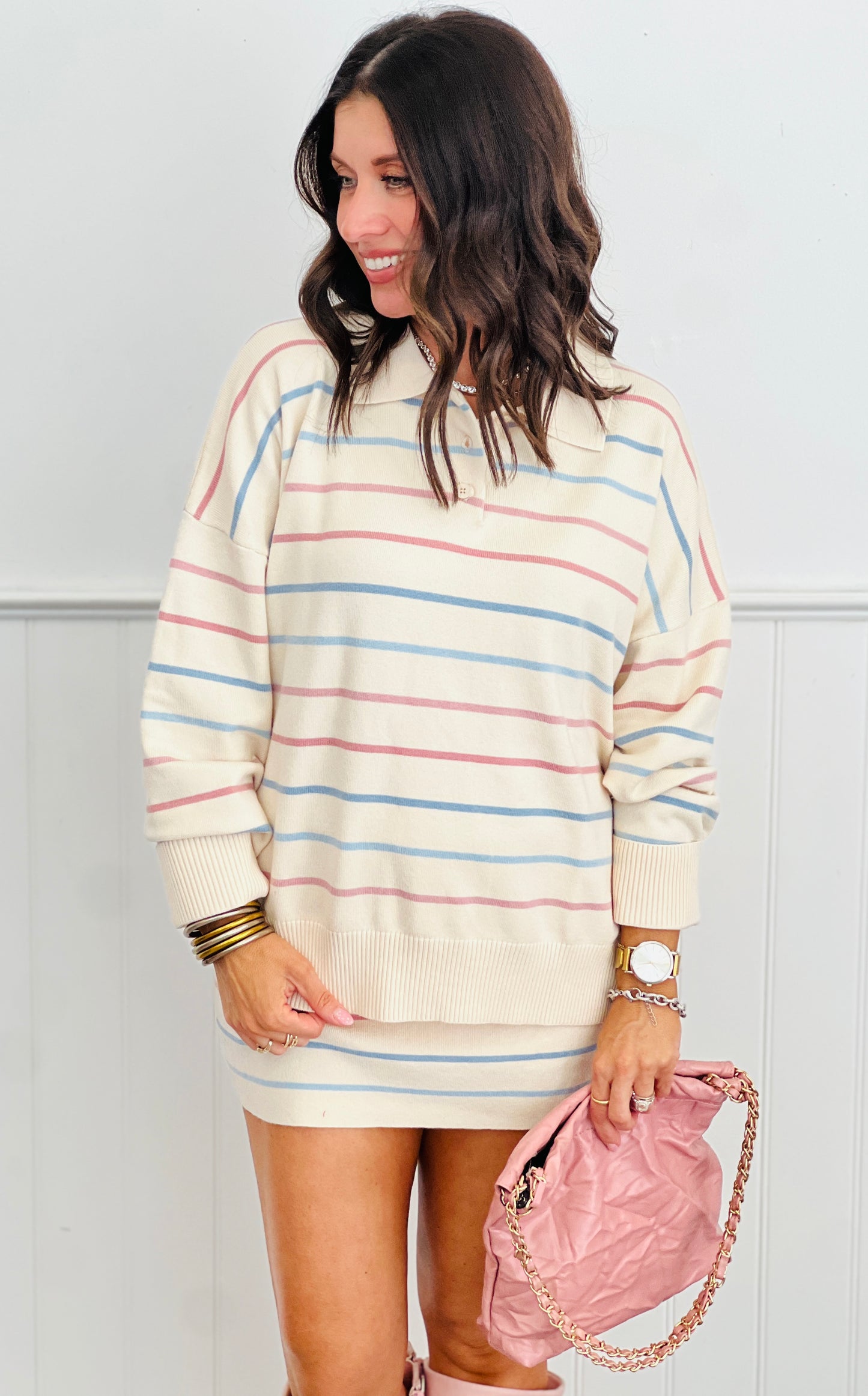 Cream Multi Stripe Collared Polo Sweater Top (Reg.)