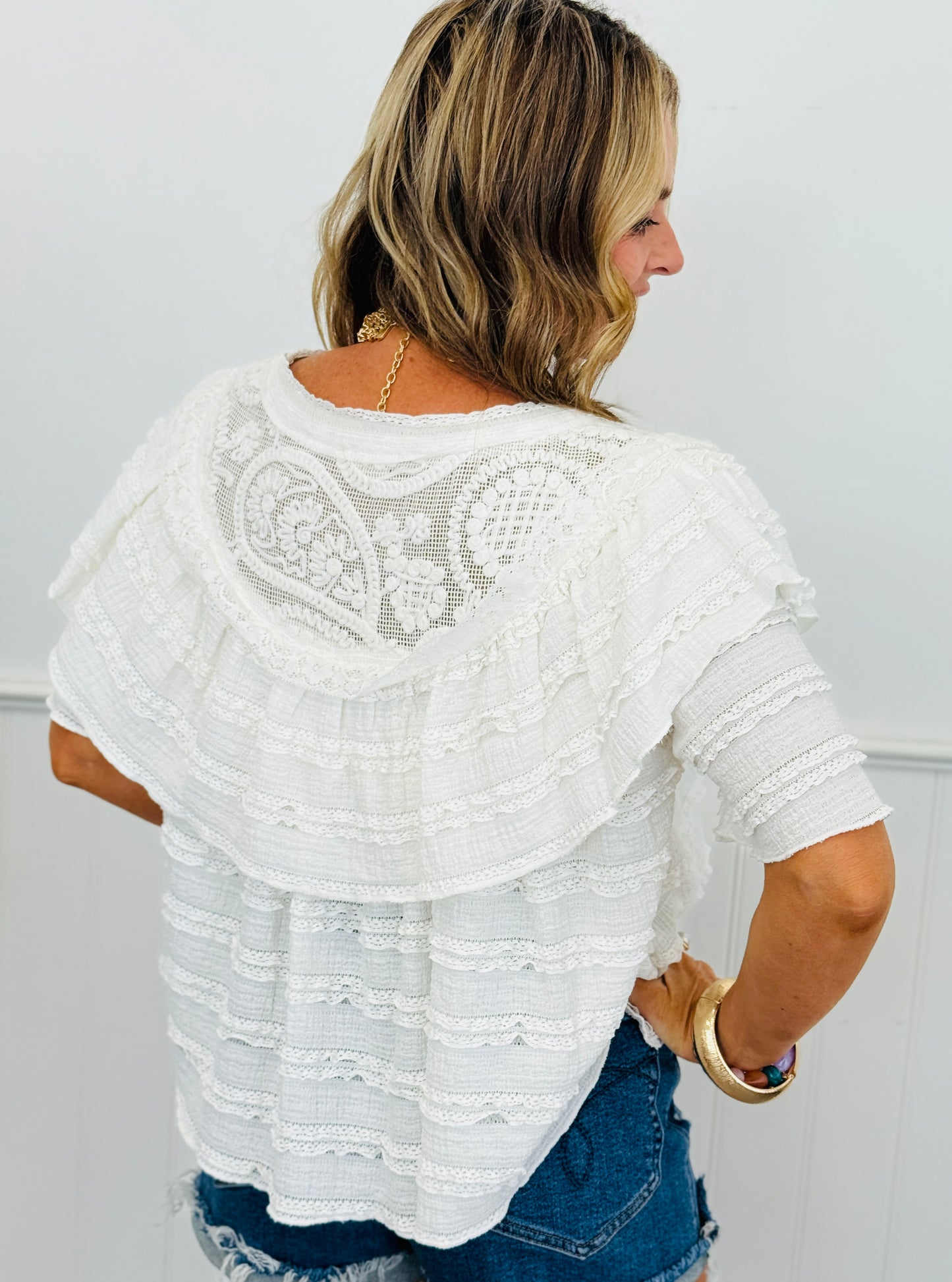 POL Ivory Lace Overlap Ruffle Top (Reg.)