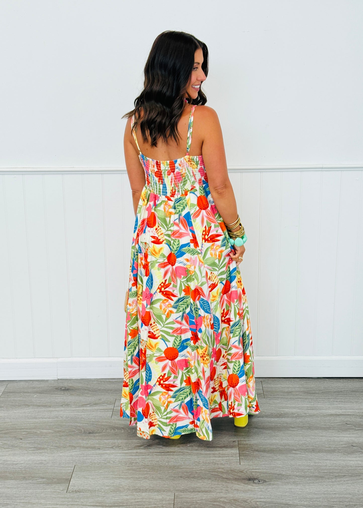 White Multi Floral Print Strappy Midi Dress (Reg.)