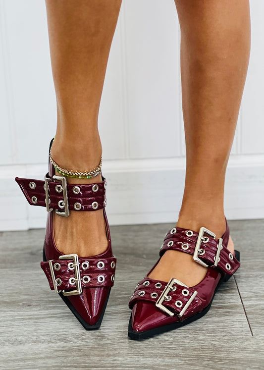 Wine Buckle It Up Slingback Flats