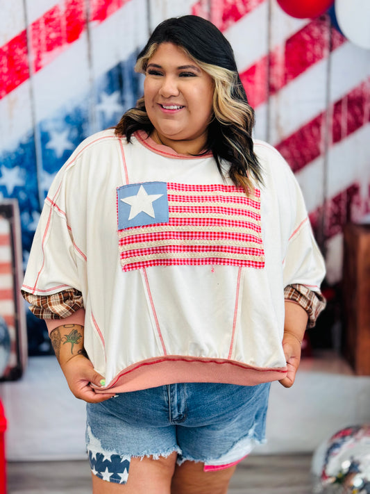 Oatmeal USA Flag Patchwork Sweatshirt (Reg. & Plus)