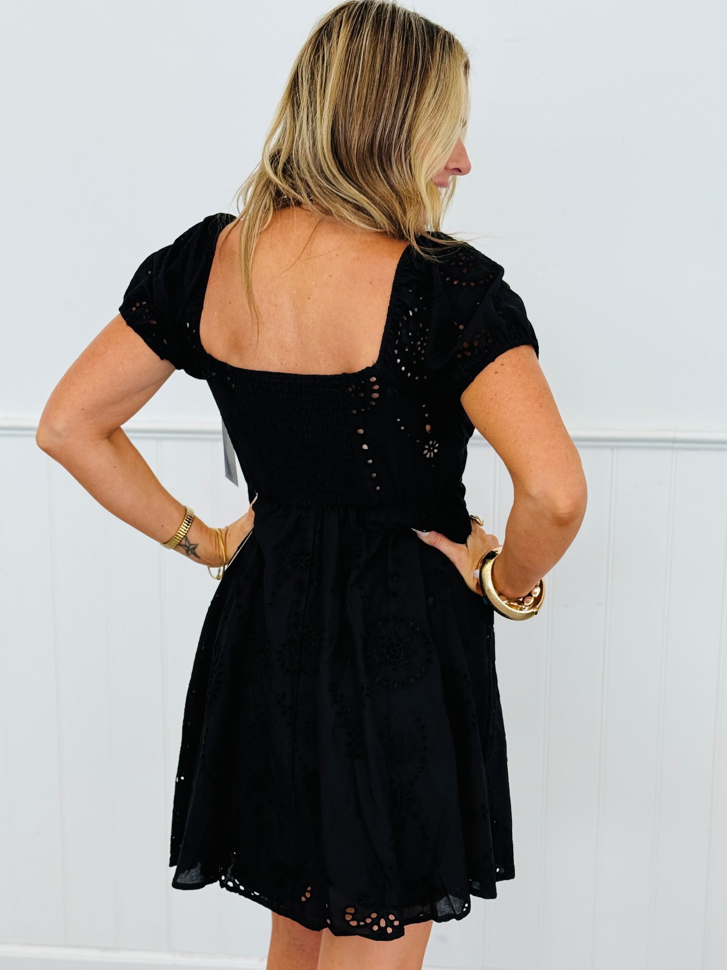 Black Eyelet Puff Sleeve Dress (Reg.)