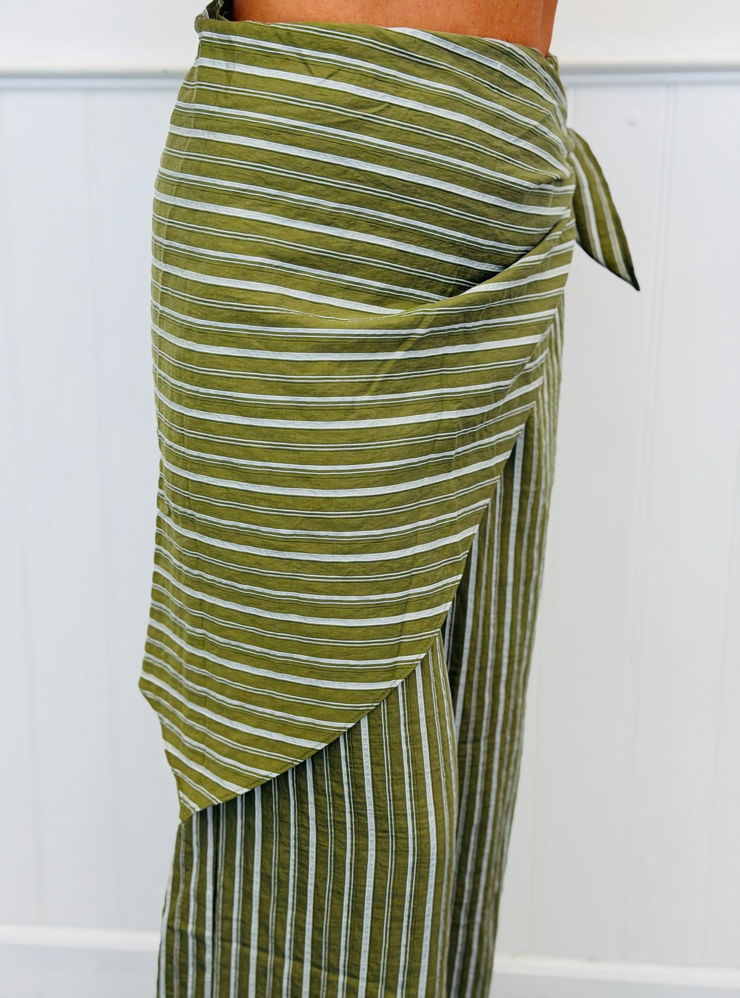 Olive Striped Front Wrap Detail Pants (Reg.)