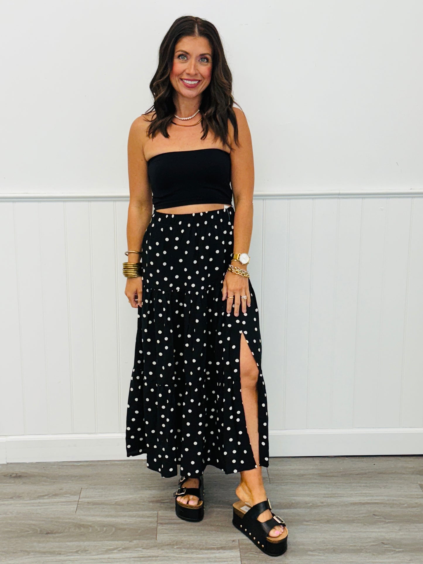 Polka Dot Side Slit Midi Skirt (Reg.)-3 Colors