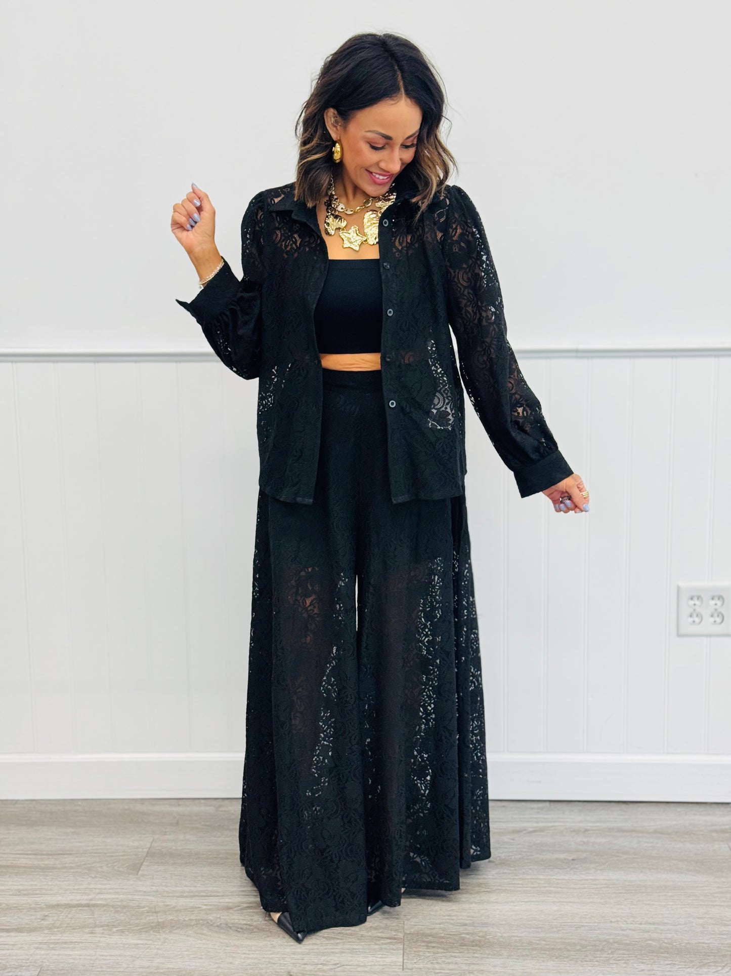 Black Lace Long Sleeve With Wide Pants Set (Reg.)