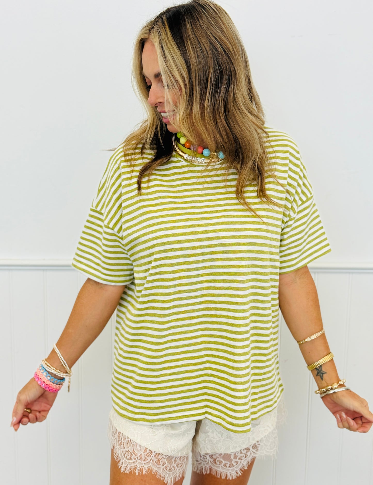 Light Green Striped Slub Oversized Tee (Reg.)