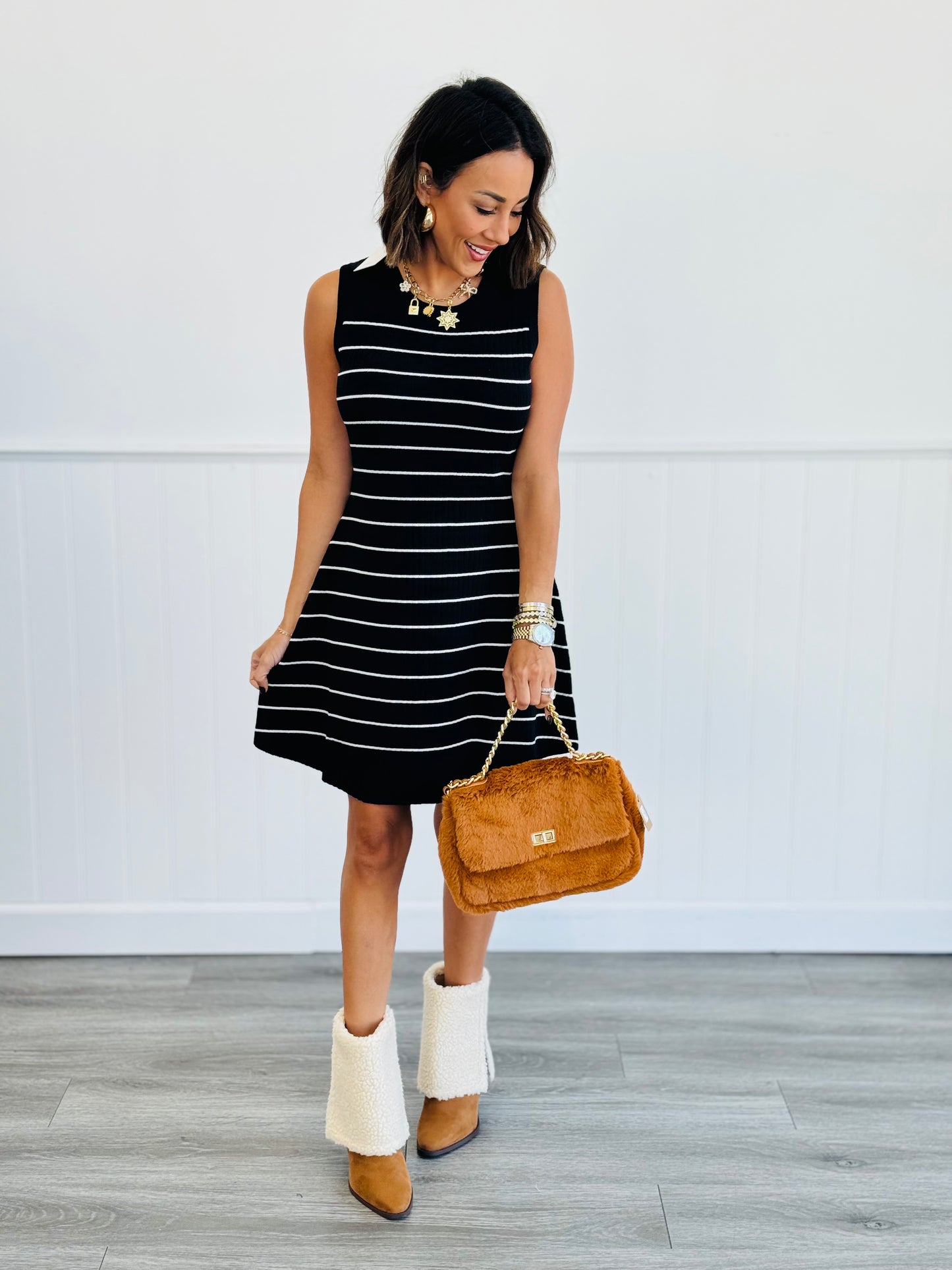 Black/White Striped Mini Sweater Dress (Reg & Plus)