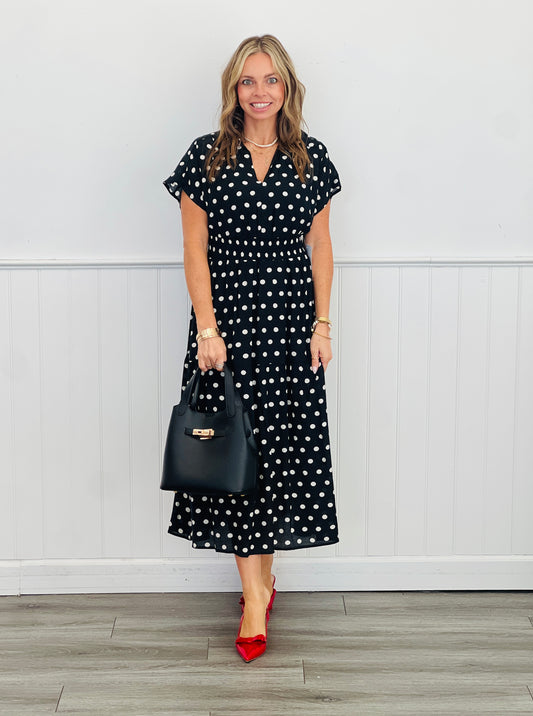 Black Polka Dot Smocked Waist Midi Dress (Reg. and Plus)