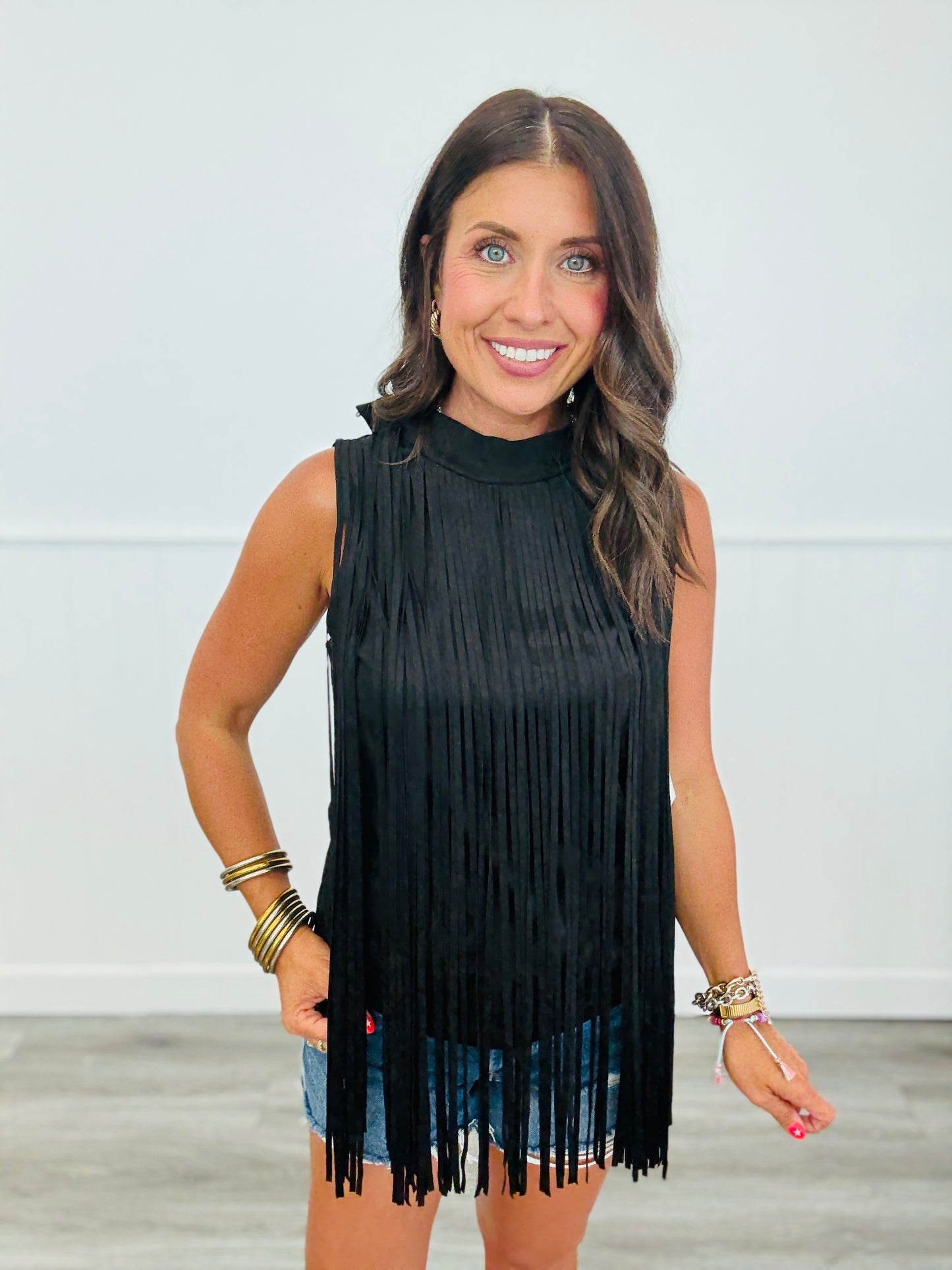 Fringe Suede Mock Neck Top (Reg.)-2 Colors