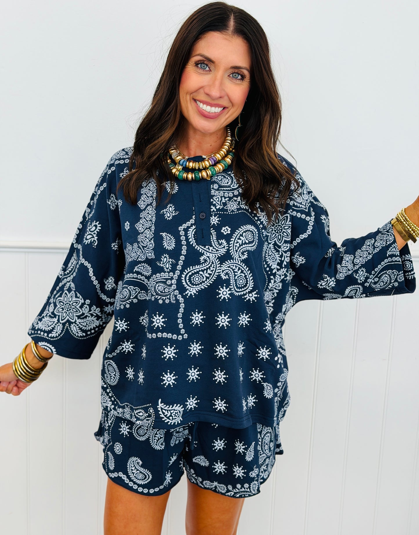 Navy Bandana Paisley Print Henley Top & Shorts Set (Reg.)